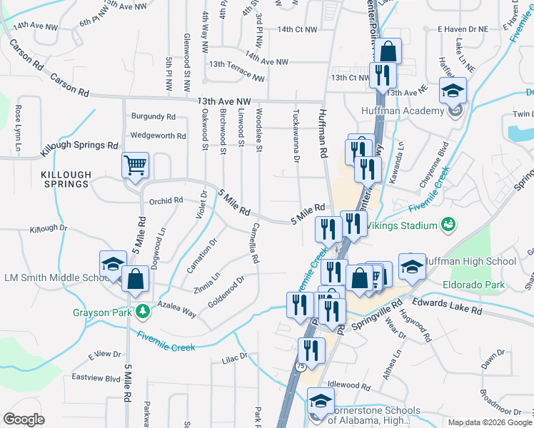 map of restaurants, bars, coffee shops, grocery stores, and more near 1141 Camellia Road in Birmingham