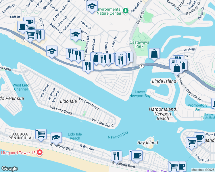 map of restaurants, bars, coffee shops, grocery stores, and more near 2521 Bayshore Drive in Newport Beach