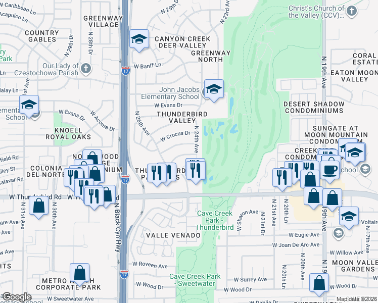 map of restaurants, bars, coffee shops, grocery stores, and more near 2425 West Redfield Road in Phoenix