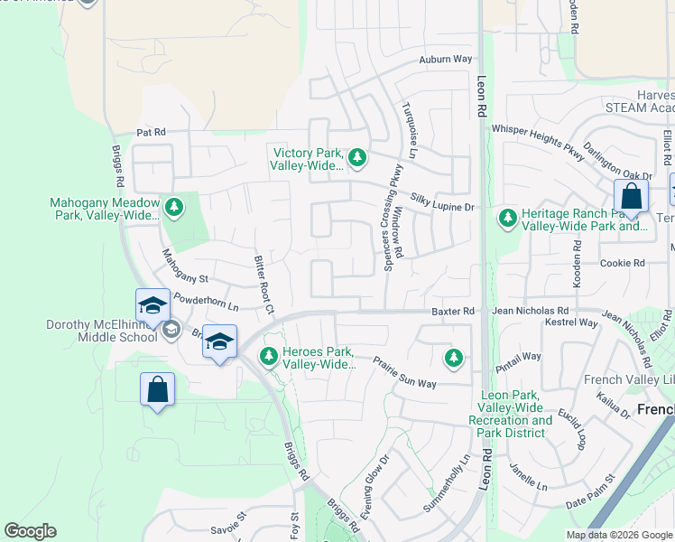 map of restaurants, bars, coffee shops, grocery stores, and more near 34916 Windwood Glen Lane in Menifee