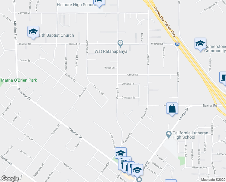 map of restaurants, bars, coffee shops, grocery stores, and more near 34899 Orange Street in Wildomar