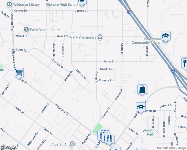 map of restaurants, bars, coffee shops, grocery stores, and more near 34899 Orange Street in Wildomar