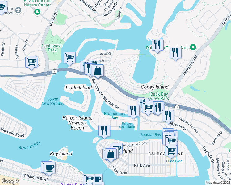 map of restaurants, bars, coffee shops, grocery stores, and more near 555 Promontory Drive West in Newport Beach