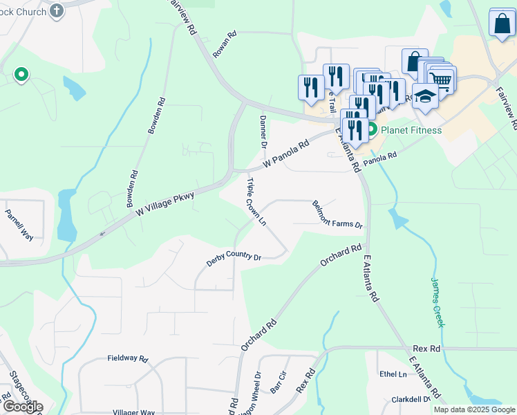 map of restaurants, bars, coffee shops, grocery stores, and more near 220 Belmont Farms Drive in Ellenwood