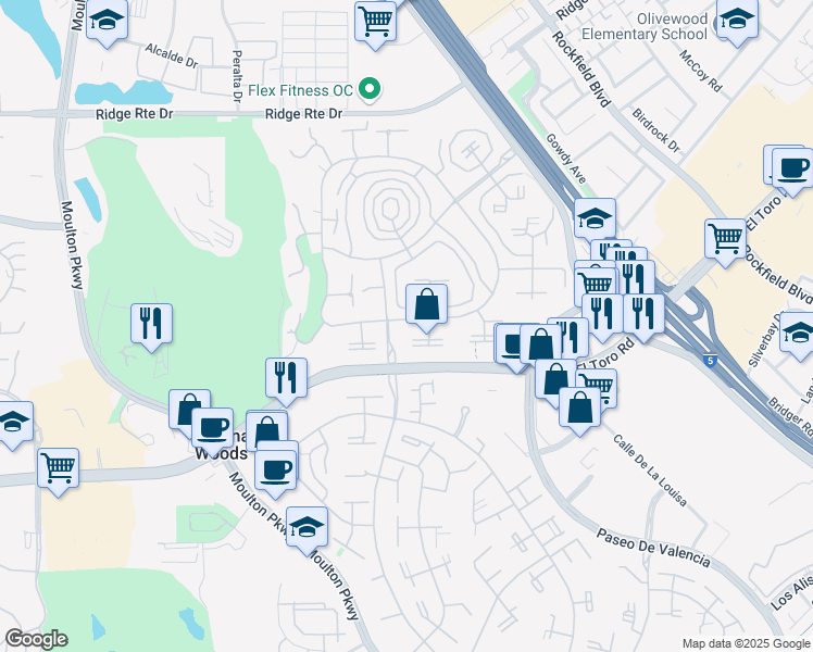 map of restaurants, bars, coffee shops, grocery stores, and more near 2040 Via Mariposa East in Laguna Woods