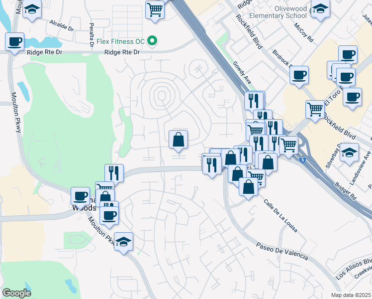 map of restaurants, bars, coffee shops, grocery stores, and more near 2066 Via Mariposa East in Laguna Woods