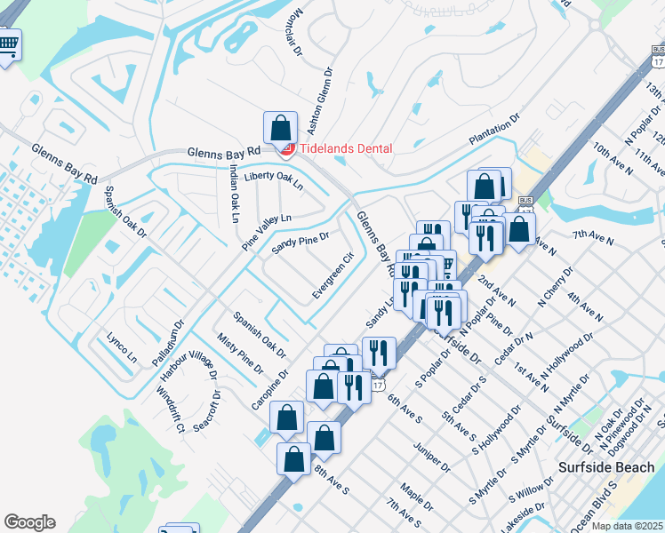 map of restaurants, bars, coffee shops, grocery stores, and more near 20 Evergreen Circle in Surfside Beach