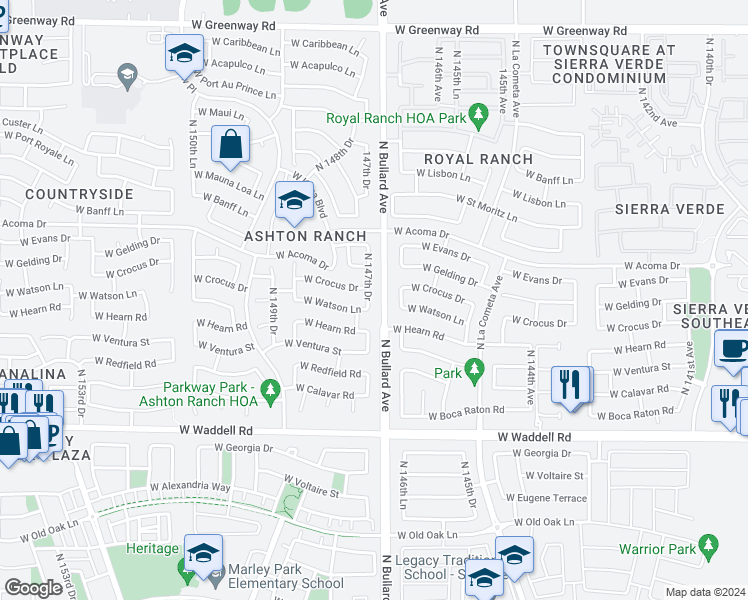 map of restaurants, bars, coffee shops, grocery stores, and more near 14341 North 147th Drive in Surprise