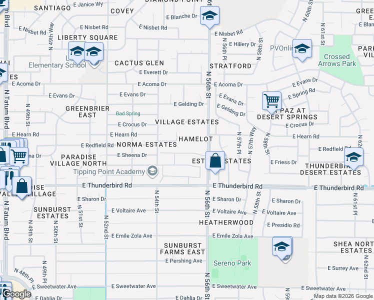 map of restaurants, bars, coffee shops, grocery stores, and more near 5511 East Sheena Drive in Scottsdale
