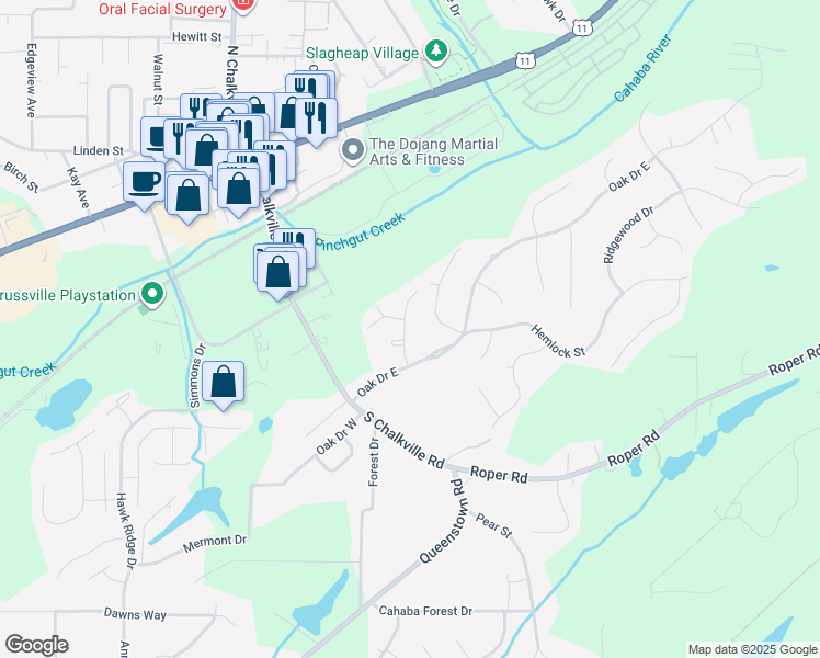 map of restaurants, bars, coffee shops, grocery stores, and more near 507 Scenic Drive in Trussville