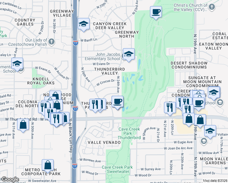 map of restaurants, bars, coffee shops, grocery stores, and more near 2425 West Redfield Road in Phoenix