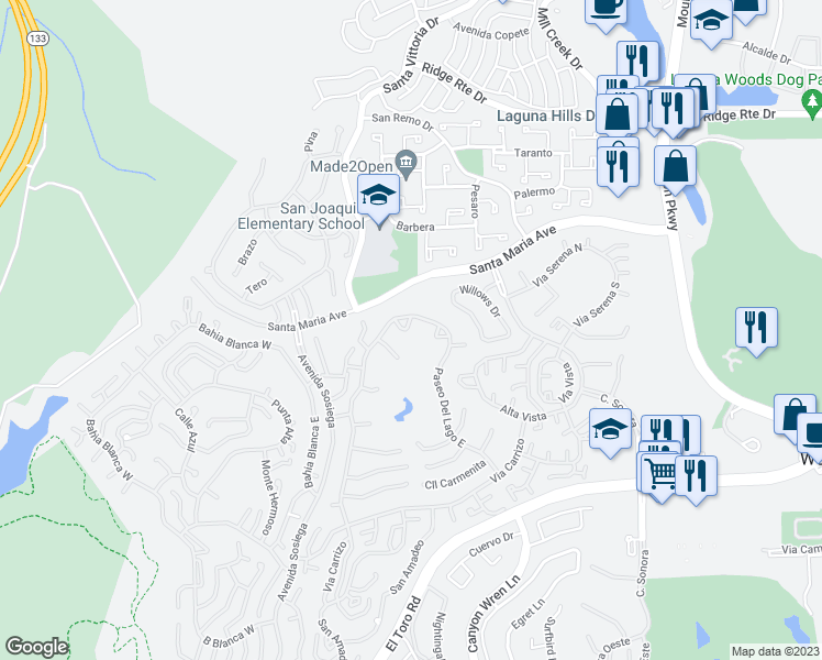 map of restaurants, bars, coffee shops, grocery stores, and more near 5517 Paseo Del Lago East in Laguna Woods