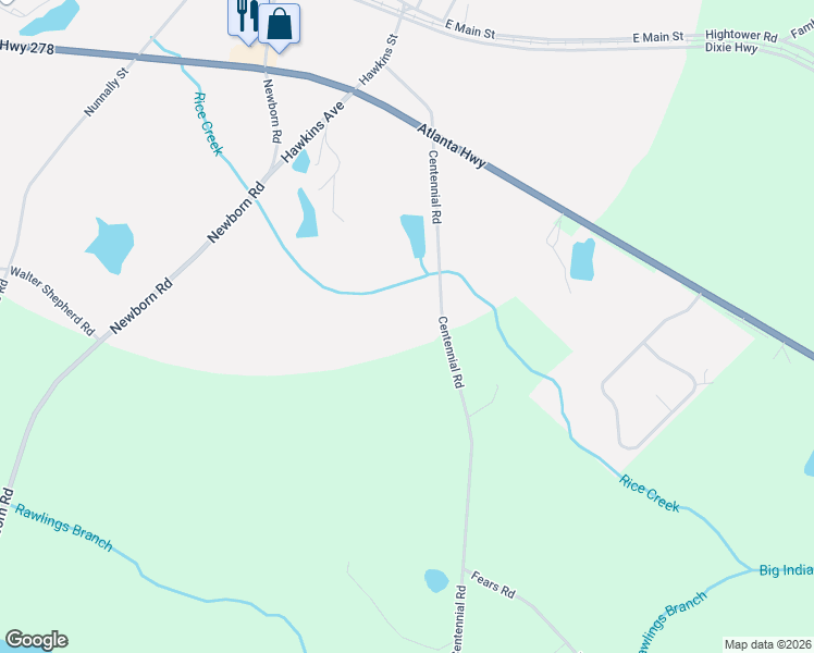 map of restaurants, bars, coffee shops, grocery stores, and more near 1401 Centennial Road in Rutledge