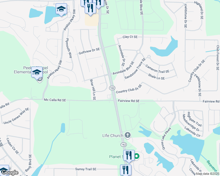 map of restaurants, bars, coffee shops, grocery stores, and more near 2137 Hickory Bend Southeast in Conyers