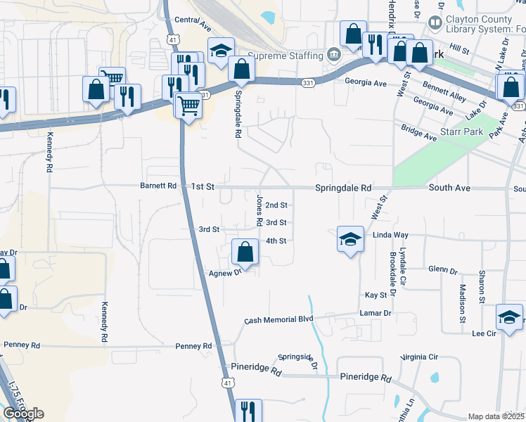 map of restaurants, bars, coffee shops, grocery stores, and more near 5136 Jones Road in Forest Park