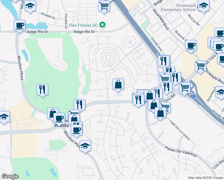 map of restaurants, bars, coffee shops, grocery stores, and more near 2040 Via Mariposa East in Laguna Woods