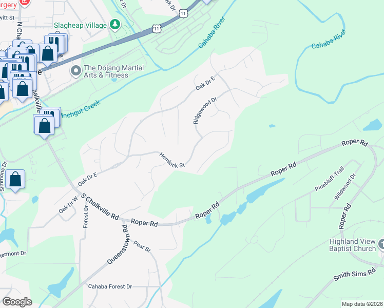 map of restaurants, bars, coffee shops, grocery stores, and more near 6556 Hemlock Street in Trussville