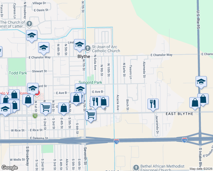 map of restaurants, bars, coffee shops, grocery stores, and more near 1020 East Barnard Street in Blythe