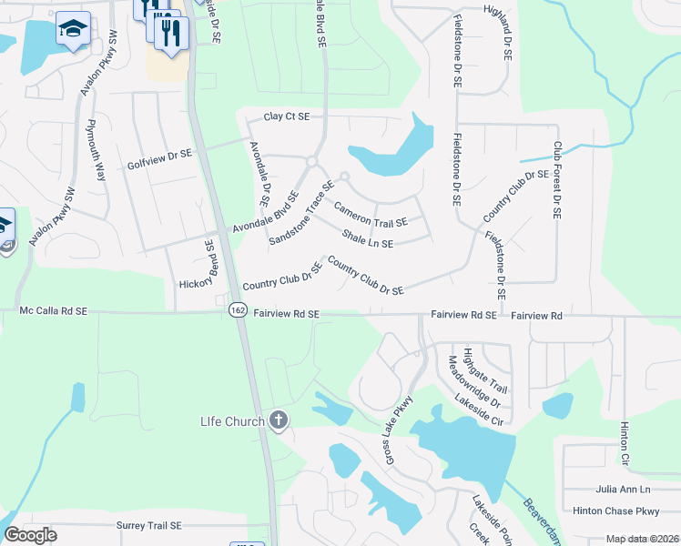 map of restaurants, bars, coffee shops, grocery stores, and more near 2863 Country Club Court Southeast in Conyers