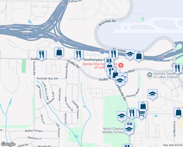 map of restaurants, bars, coffee shops, grocery stores, and more near 1935 Godby Road in Atlanta