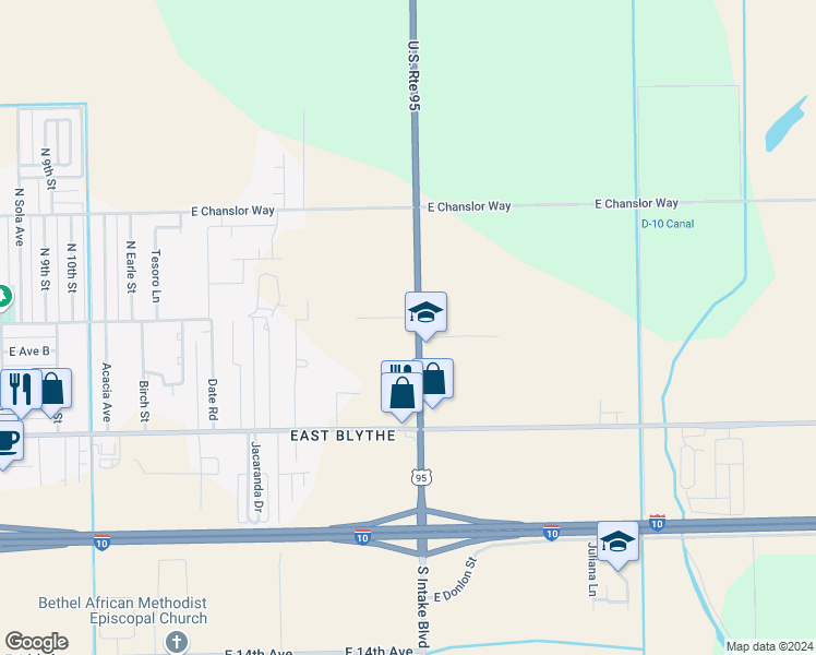 map of restaurants, bars, coffee shops, grocery stores, and more near 2 South Intake Boulevard in Blythe