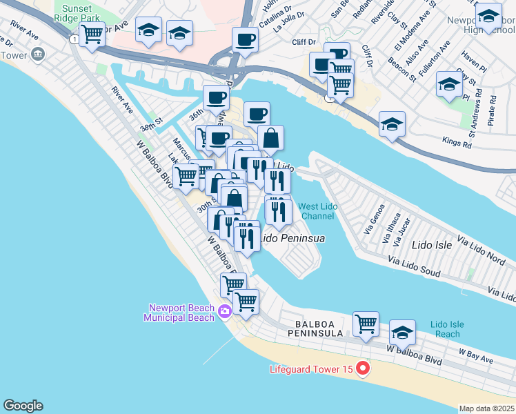 map of restaurants, bars, coffee shops, grocery stores, and more near 2806 The Rhine in Newport Beach