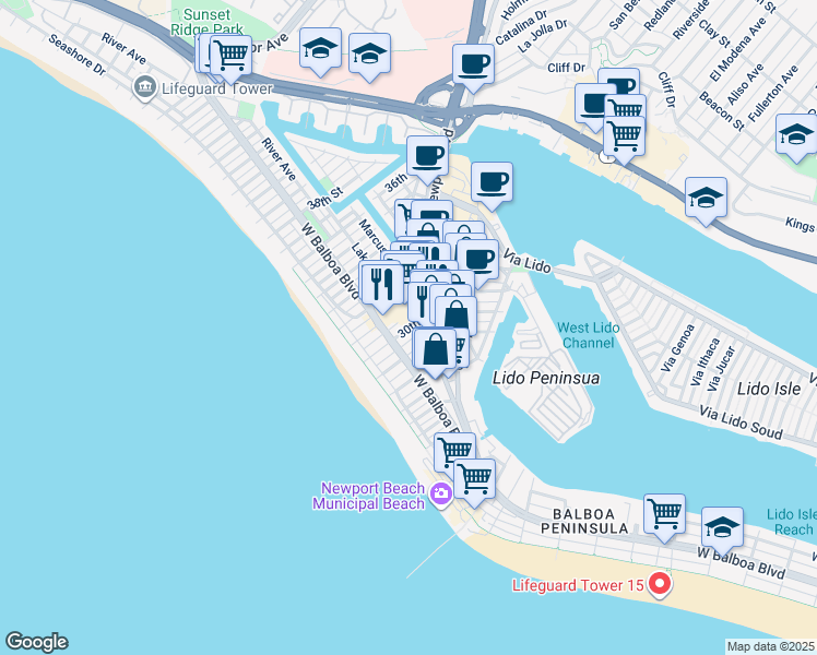 map of restaurants, bars, coffee shops, grocery stores, and more near 215 30th Street in Newport Beach