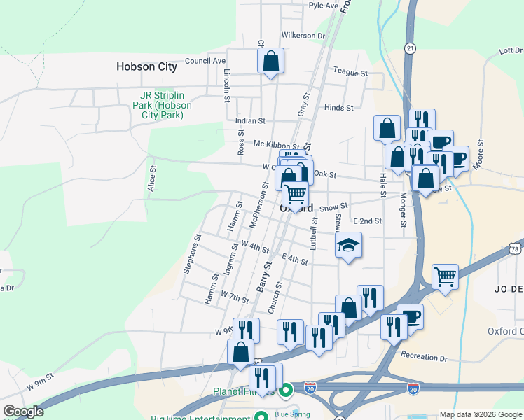 map of restaurants, bars, coffee shops, grocery stores, and more near 725 McPherson Street in Oxford