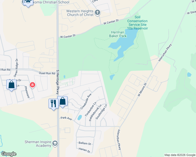 map of restaurants, bars, coffee shops, grocery stores, and more near 3212 Brookstone Drive in Sherman