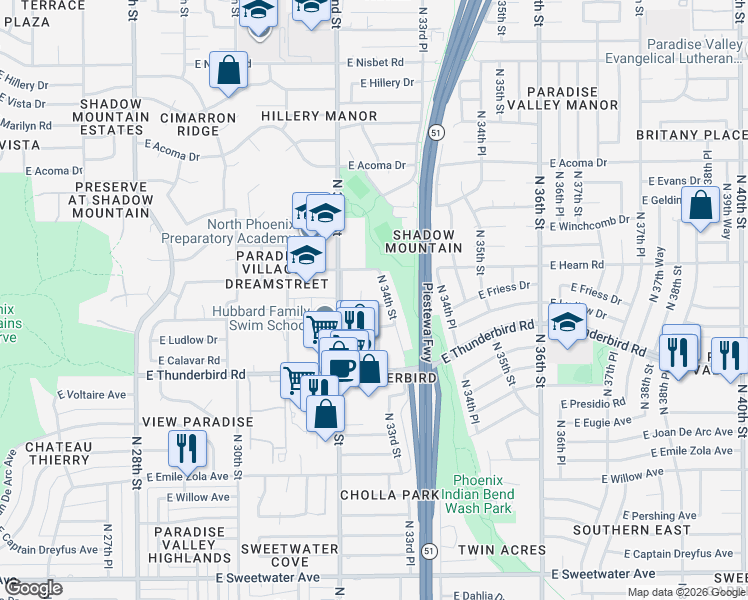 map of restaurants, bars, coffee shops, grocery stores, and more near 3234 East Friess Drive in Phoenix