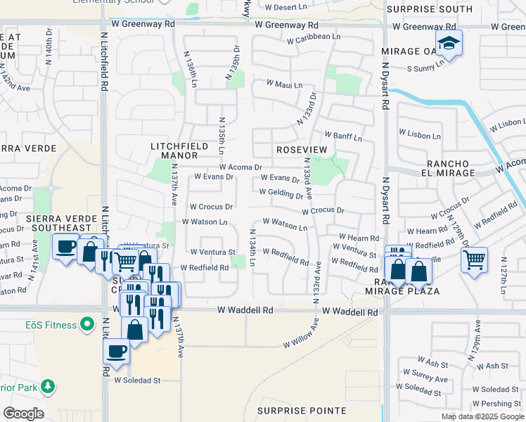 map of restaurants, bars, coffee shops, grocery stores, and more near 13443 West Crocus Drive in Surprise