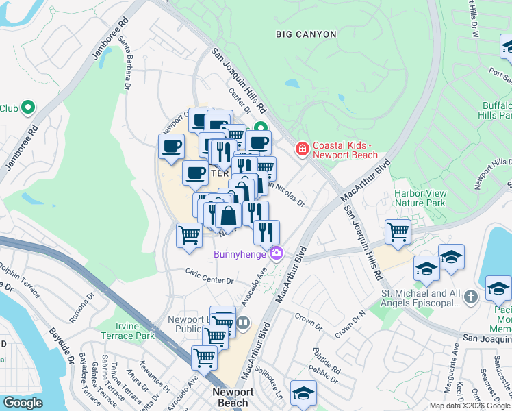 map of restaurants, bars, coffee shops, grocery stores, and more near 3333 West Coast Highway in Newport Beach