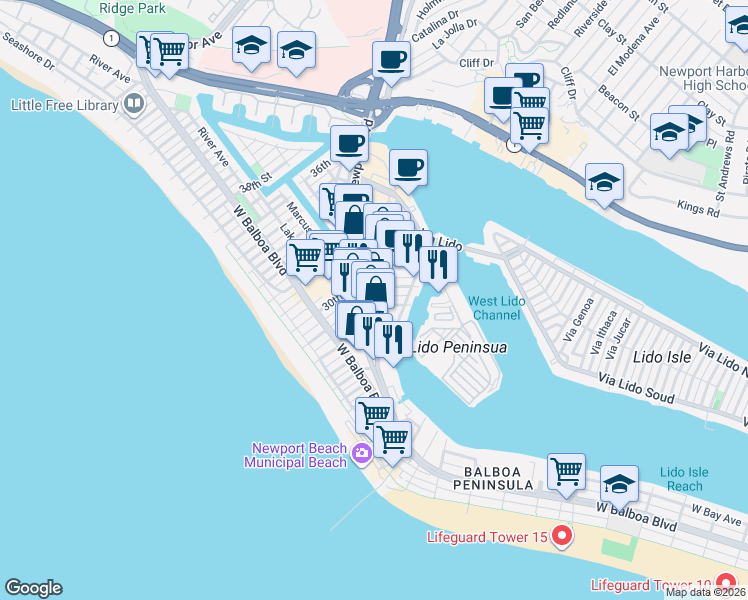 map of restaurants, bars, coffee shops, grocery stores, and more near 413 29th Street in Newport Beach