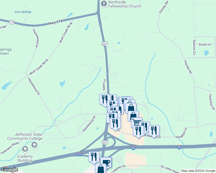 map of restaurants, bars, coffee shops, grocery stores, and more near Highway 234 in Pell City