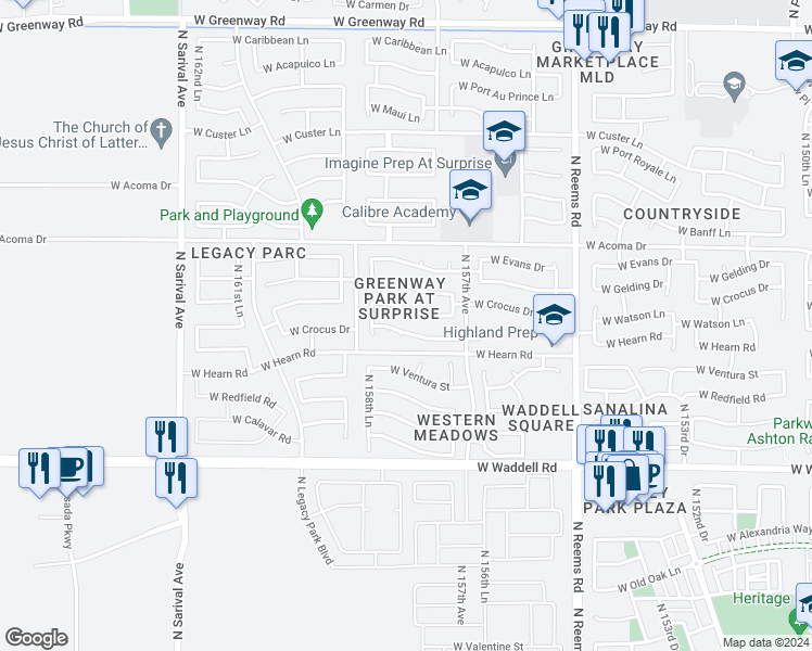 map of restaurants, bars, coffee shops, grocery stores, and more near 15810 West Watson Lane in Surprise
