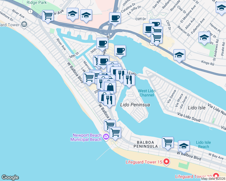 map of restaurants, bars, coffee shops, grocery stores, and more near 419 29th Street in Newport Beach