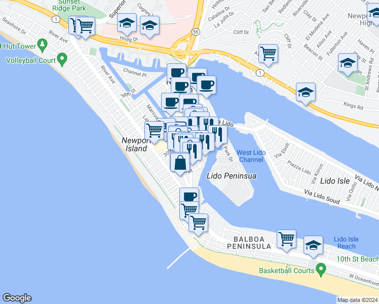 map of restaurants, bars, coffee shops, grocery stores, and more near 413 29th Street in Newport Beach