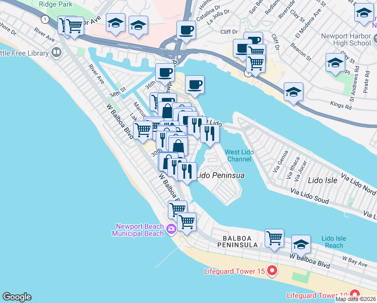map of restaurants, bars, coffee shops, grocery stores, and more near 505 29th Street in Newport Beach