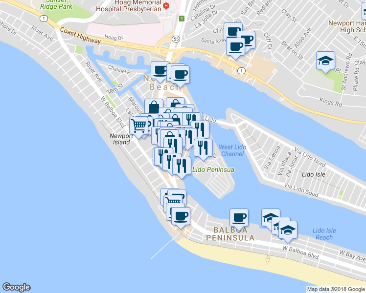 map of restaurants, bars, coffee shops, grocery stores, and more near 505 29th Street in Newport Beach