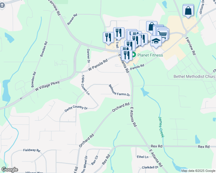 map of restaurants, bars, coffee shops, grocery stores, and more near 125 Belmont Farms Drive in Ellenwood