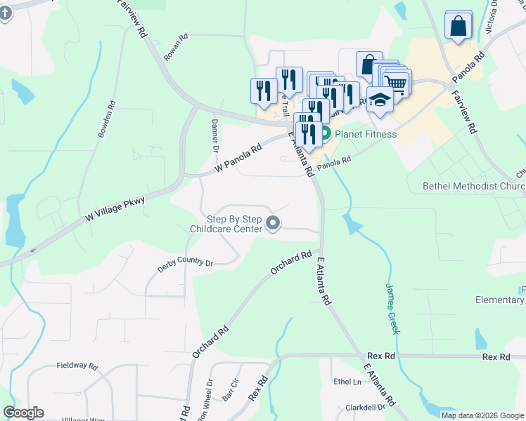 map of restaurants, bars, coffee shops, grocery stores, and more near 40 Belmont Park Lane in Ellenwood