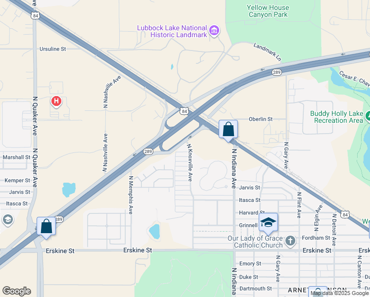 map of restaurants, bars, coffee shops, grocery stores, and more near 3605 Marshall Street in Lubbock