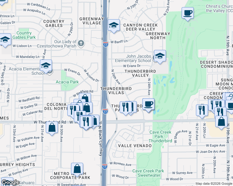 map of restaurants, bars, coffee shops, grocery stores, and more near 2615 West Hearn Road in Phoenix