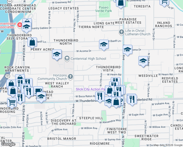 map of restaurants, bars, coffee shops, grocery stores, and more near 7748 West Redfield Road in Peoria