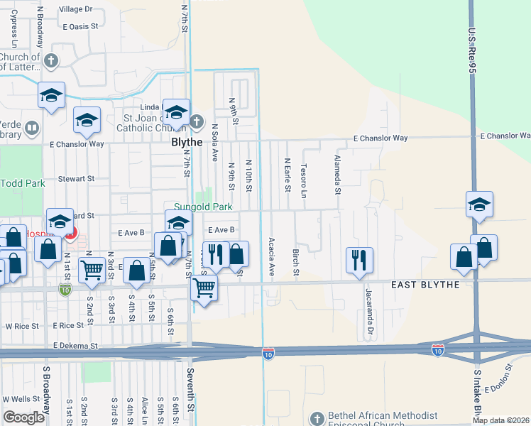 map of restaurants, bars, coffee shops, grocery stores, and more near 265 Acacia Avenue in Blythe