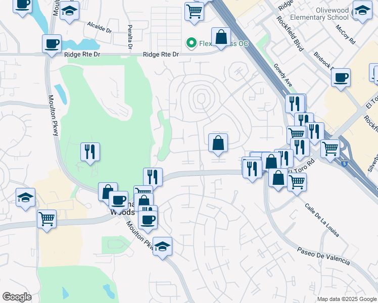 map of restaurants, bars, coffee shops, grocery stores, and more near 23302 Via Mariposa East in Laguna Woods