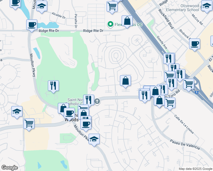 map of restaurants, bars, coffee shops, grocery stores, and more near 23302 Via Mariposa East in Laguna Woods