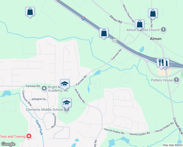 map of restaurants, bars, coffee shops, grocery stores, and more near 3489 Fairview Road in Covington