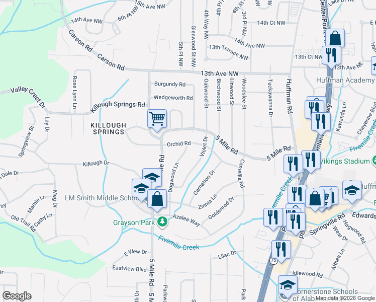 map of restaurants, bars, coffee shops, grocery stores, and more near 1144 Violet Drive in Birmingham