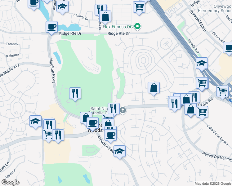 map of restaurants, bars, coffee shops, grocery stores, and more near 2385 Via Mariposa West in Laguna Woods